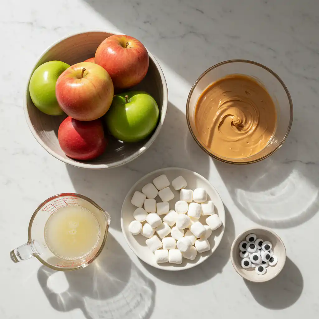 guilt-free-monster-mouth-apple-bites-ingredients Ingredients for guilt free monster mouth apple bites on a wooden table.