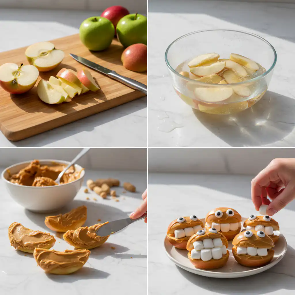 guilt-free-monster-mouth-apple-bites-prep Preparing guilt free monster mouth apple bites with apples and peanut butter.