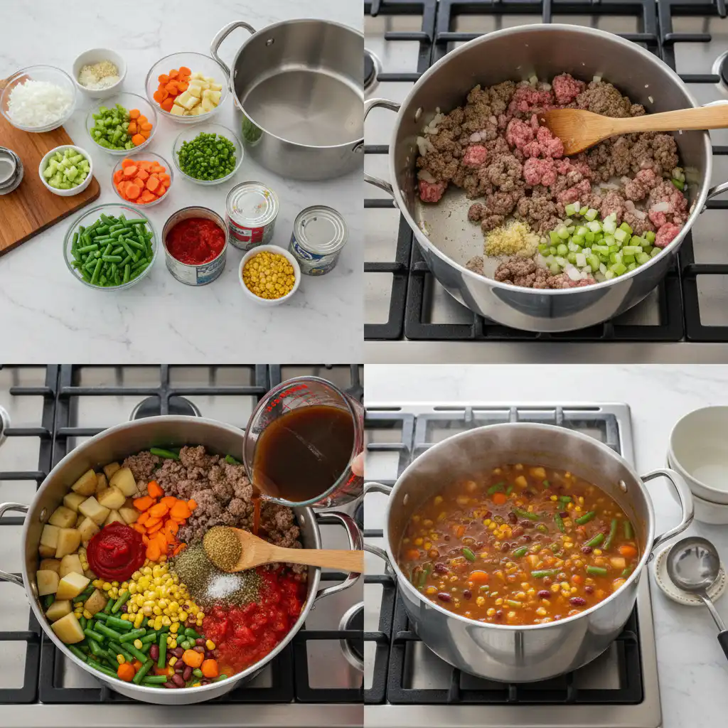 Hands dicing vegetables and browning ground beef in a skillet, preparing high fiber cowboy soup with ground beef.