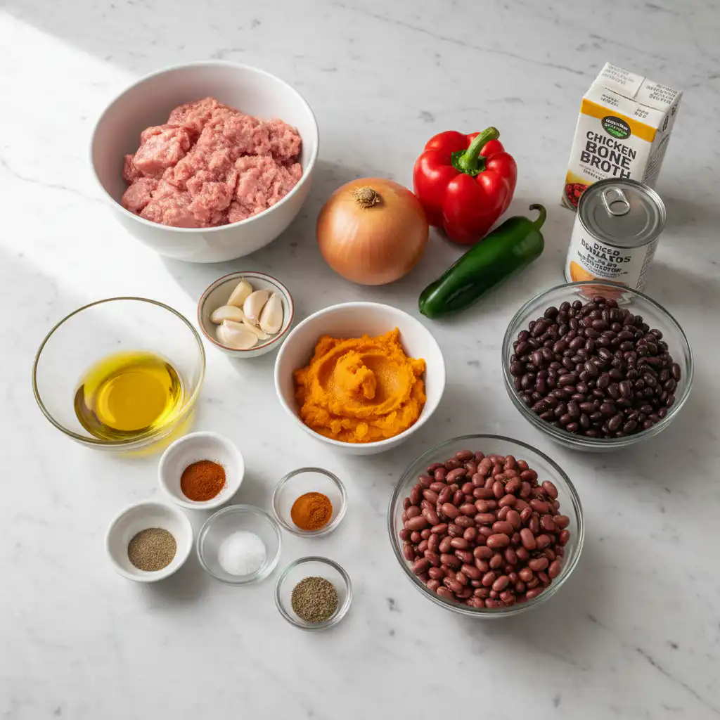 High Protein Halloween Pumpkin Chili ingredients with vibrant spices and fresh vegetables.