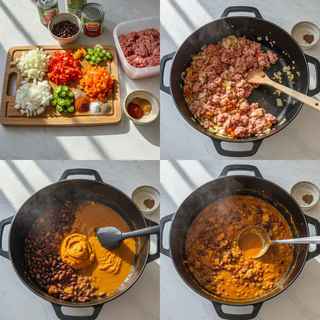 Cooking High Protein Halloween Pumpkin Chili in a pot, blending ingredients together.