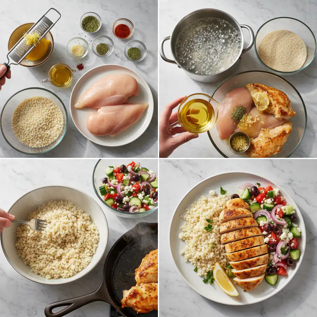 Hands seasoning chicken and chopping vegetables for a High-Protein Mediterranean Chicken Plate.