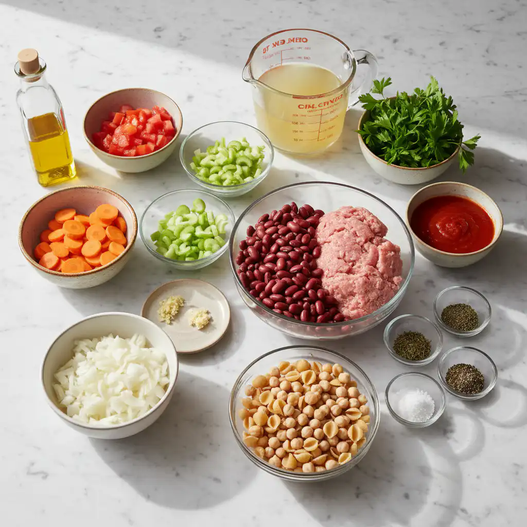 high-protein-soup-ingredients Bowl of fresh ingredients for high protein soup including beans, quinoa, and vegetables.