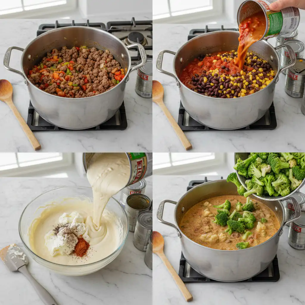 Chopped vegetables being sautéed for high protein soup in a pot.