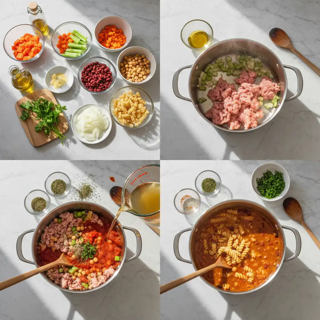 high-protein-soup-prep Cooking high protein soup with chopped vegetables and beans in a pot.