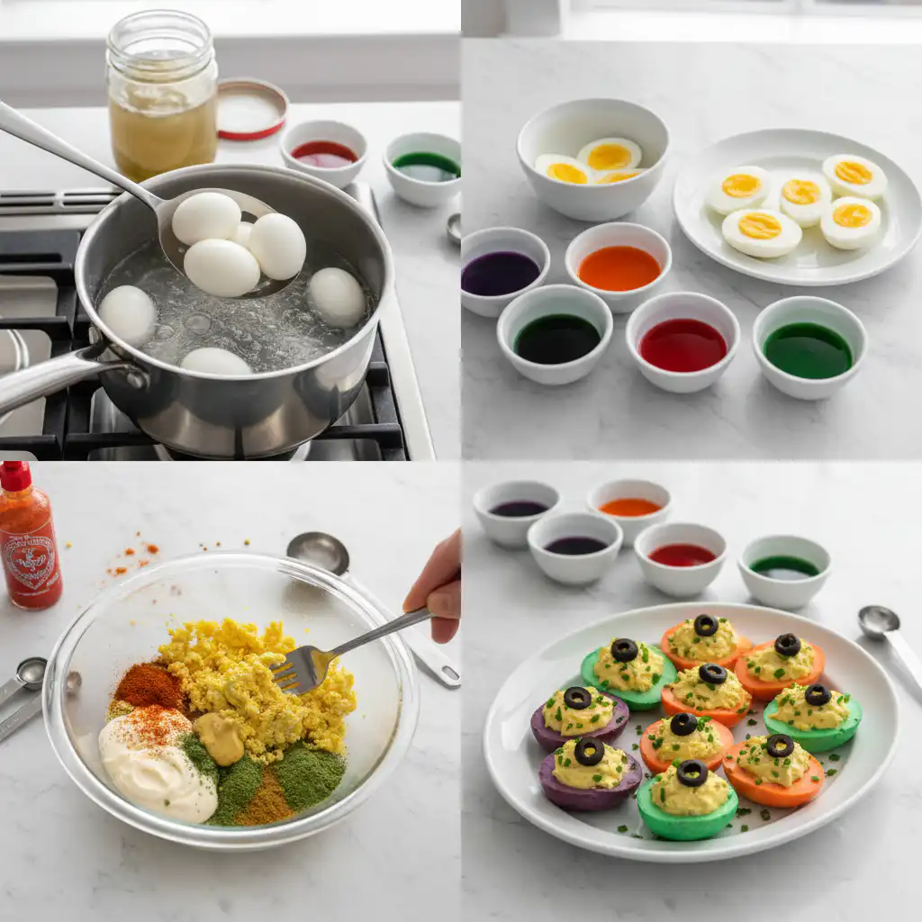 Hands carefully filling egg whites with green avocado mixture for keto Halloween deviled eggs.