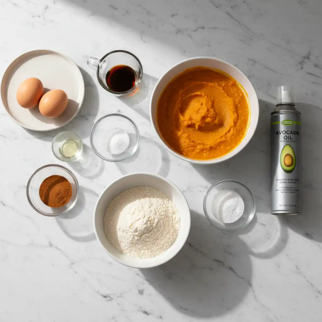keto-pumpkin-bread-almond-flour-ingredients Ingredients for keto pumpkin bread with almond flour neatly arranged on a table.