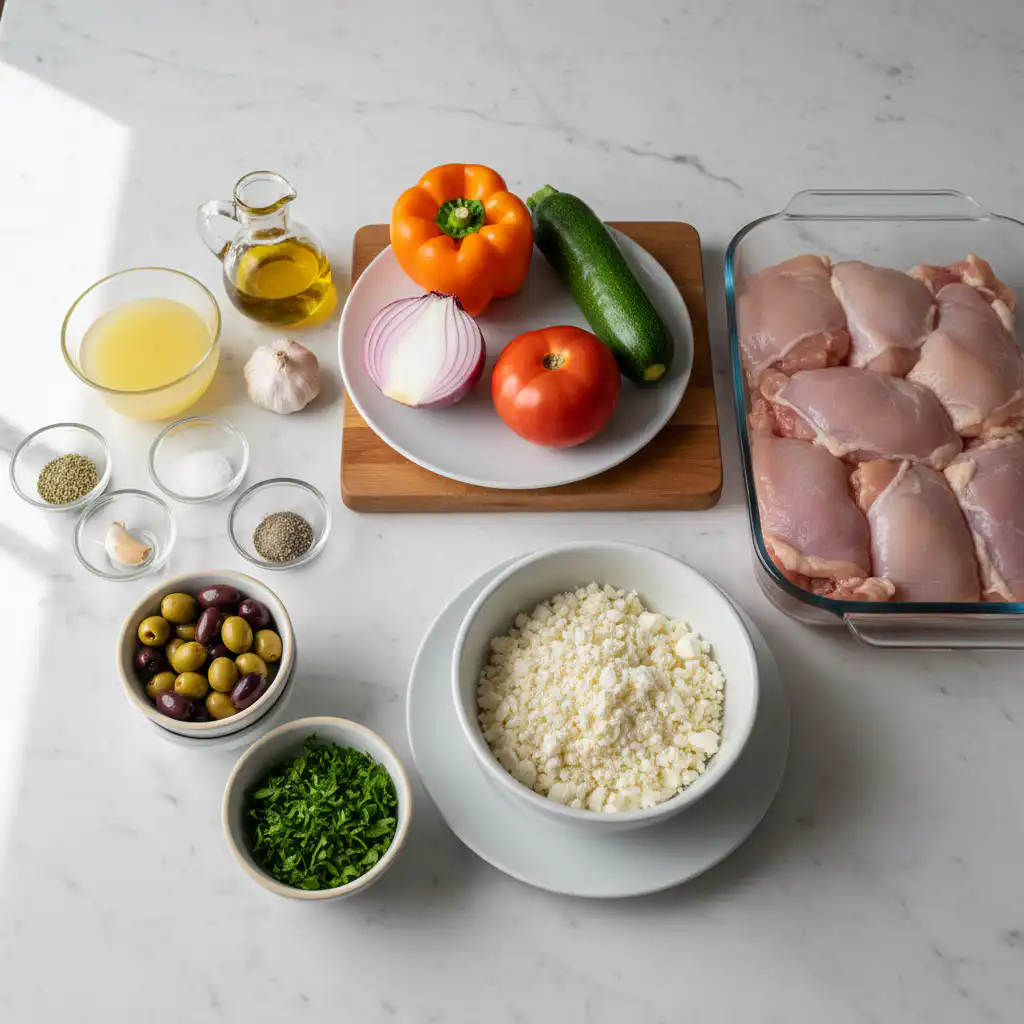 Fresh ingredients for Mediterranean chicken bake including chicken, olives, and tomatoes.