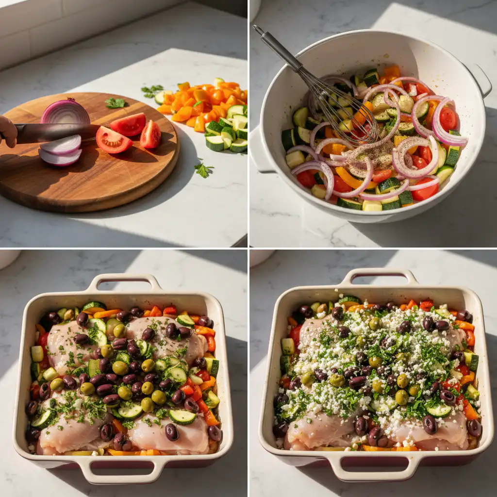 Preparing Mediterranean chicken bake with marinated chicken and vegetables in a baking dish.
