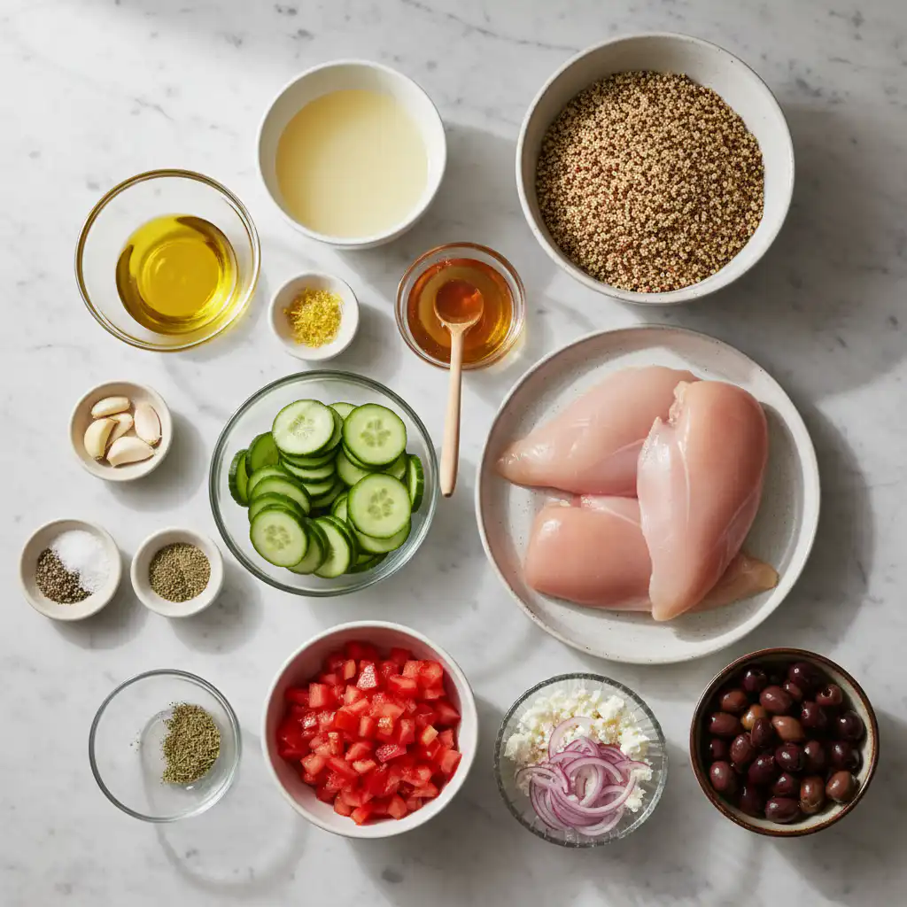 mediterranean-chicken-bowls-for-dinner-ingredients A vibrant spread of fresh ingredients for Mediterranean Chicken Bowls for Dinner, including colorful vegetables, herbs, and chicken.