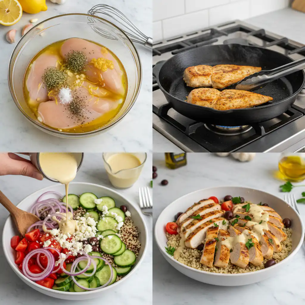 mediterranean-chicken-bowls-for-dinner-prep Hands assembling a vibrant Mediterranean Chicken Bowls for Dinner with grilled chicken, crisp vegetables, and creamy tzatziki.