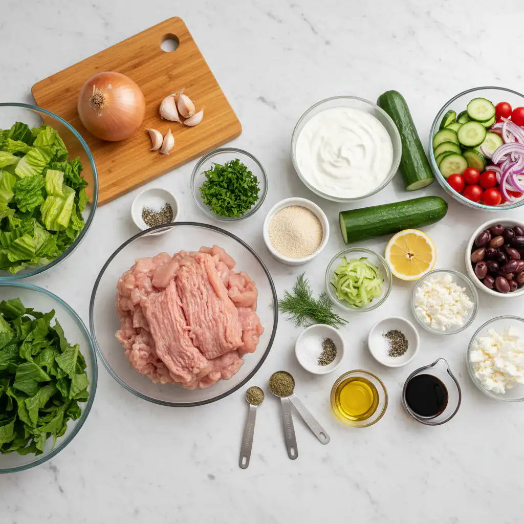 Fresh ingredients for Mediterranean chicken meatballs including ground chicken, herbs, and spices.