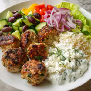 Mediterranean Chicken Meatballs with Tzatziki & Greek Salad