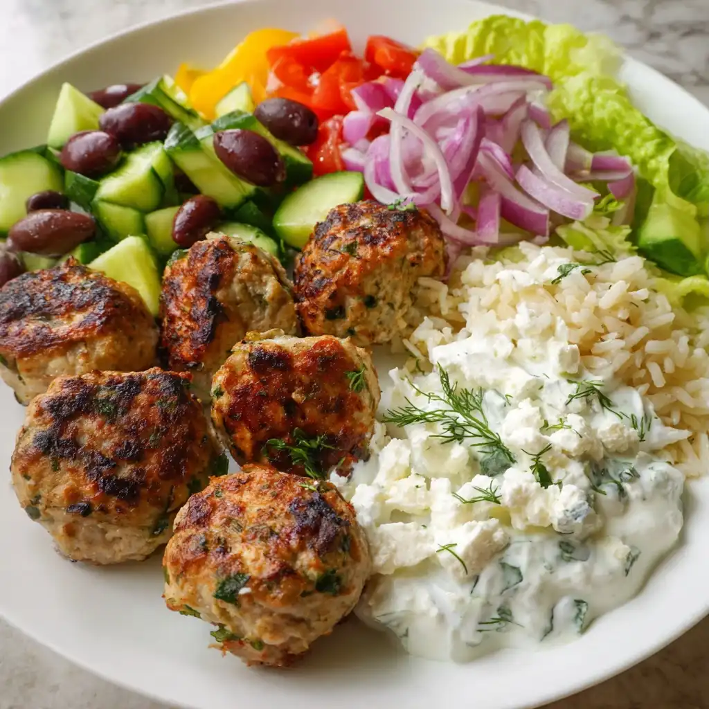 Mediterranean Chicken Meatballs with Tzatziki & Greek Salad
