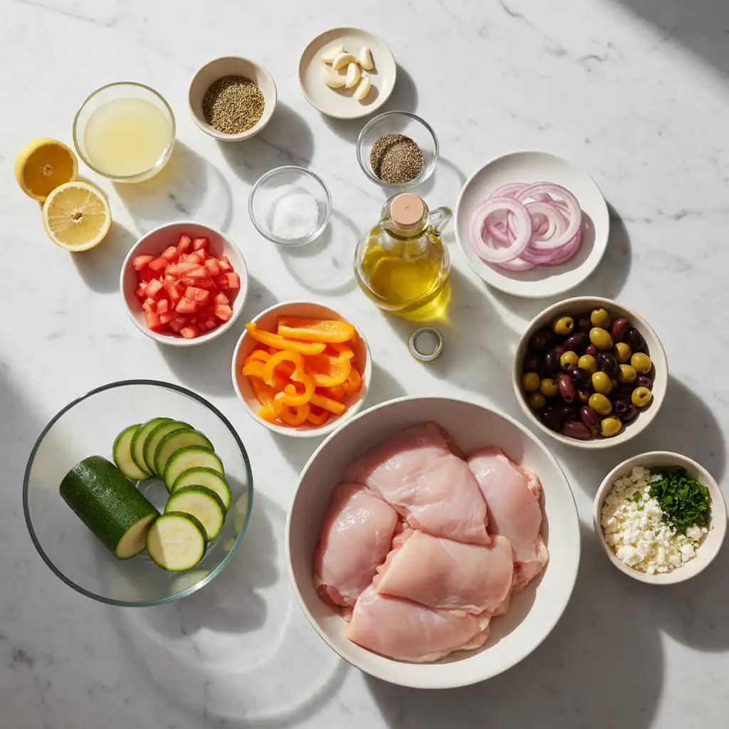 Fresh ingredients for Mediterranean chicken thighs including herbs, spices, and olive oil.