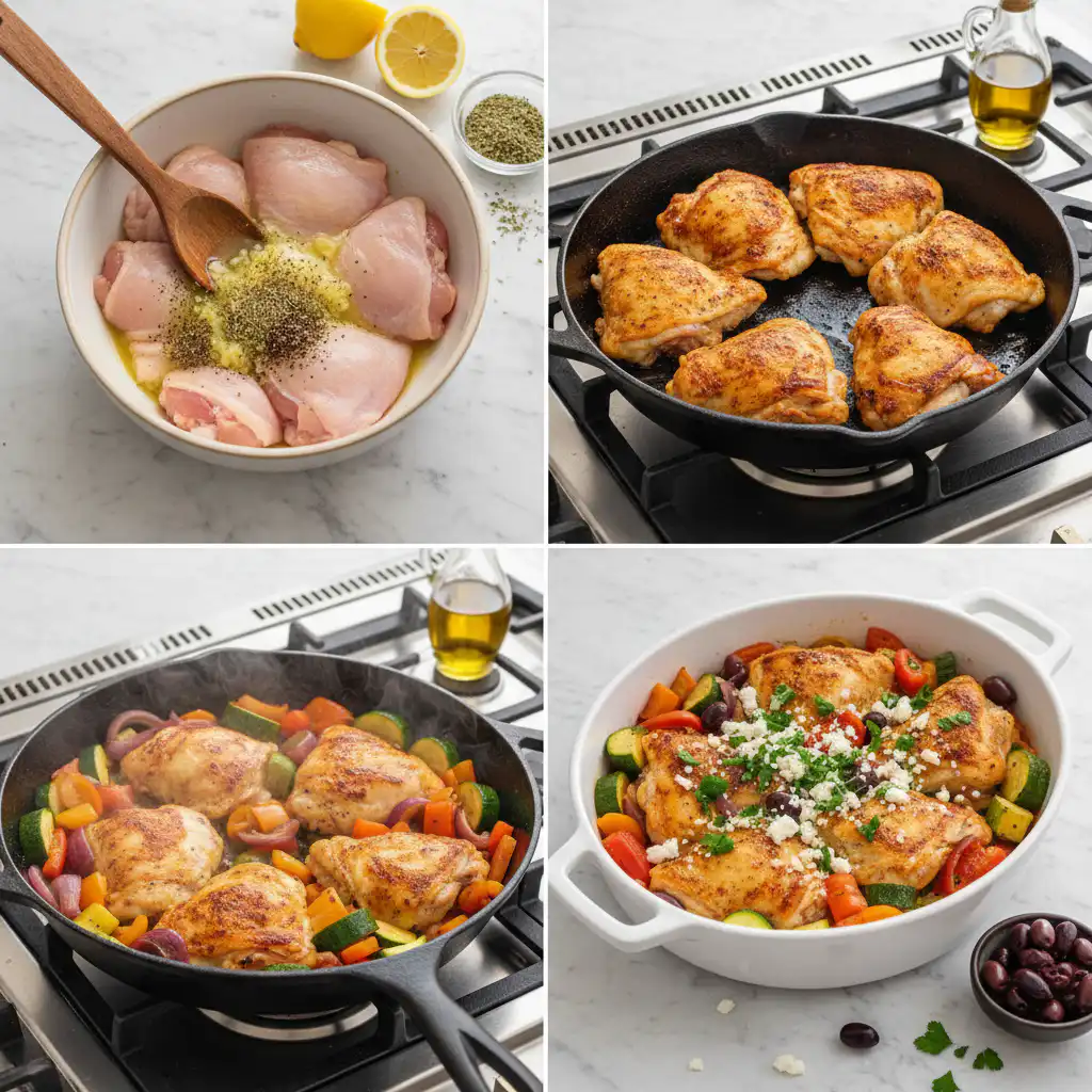 Marinated chicken thighs in a bowl with Mediterranean spices and olive oil.