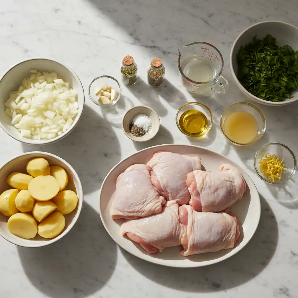 mediterranean-crockpot-lemon-herb-chicken-ingredients Fresh ingredients for Mediterranean crockpot lemon herb chicken on a wooden table.