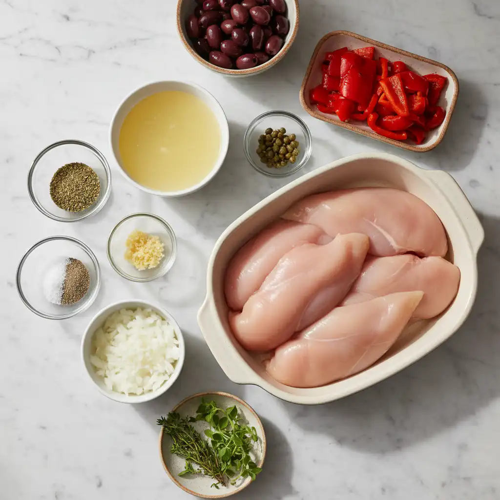 mediterranean-crockpot-lemon-herb-chicken-ingredients Fresh ingredients for Mediterranean crockpot lemon herb chicken laid out on a countertop.