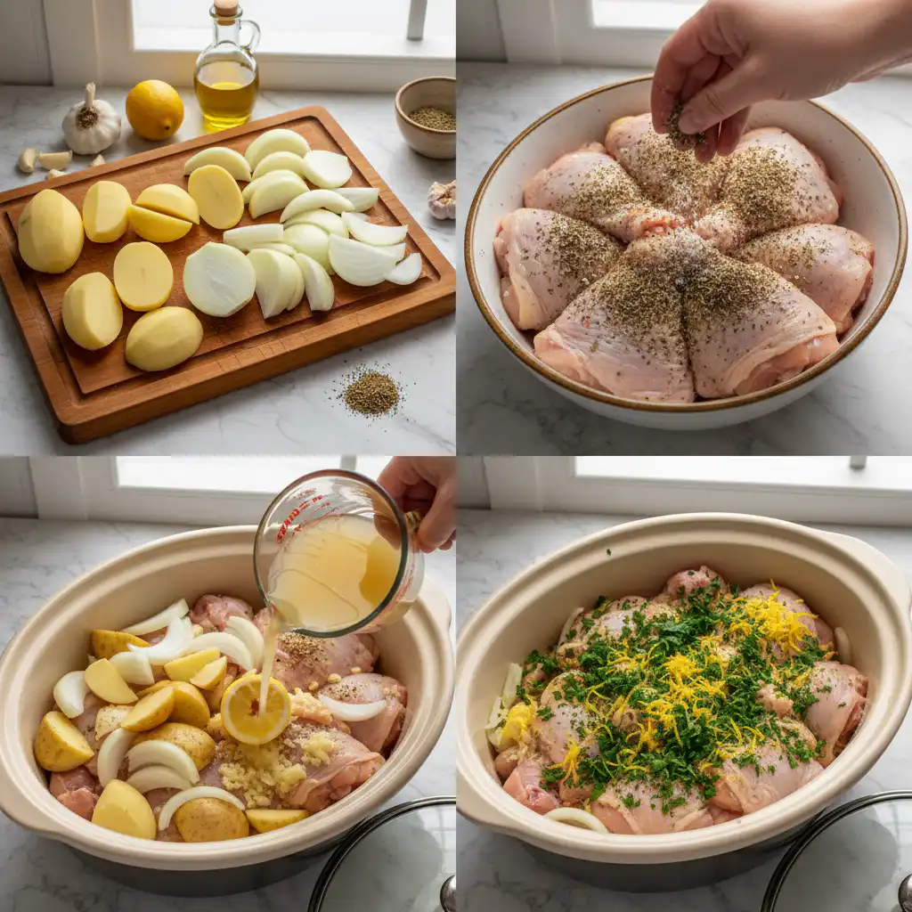 mediterranean-crockpot-lemon-herb-chicken-prep Mediterranean crockpot lemon herb chicken being prepped in a slow cooker.