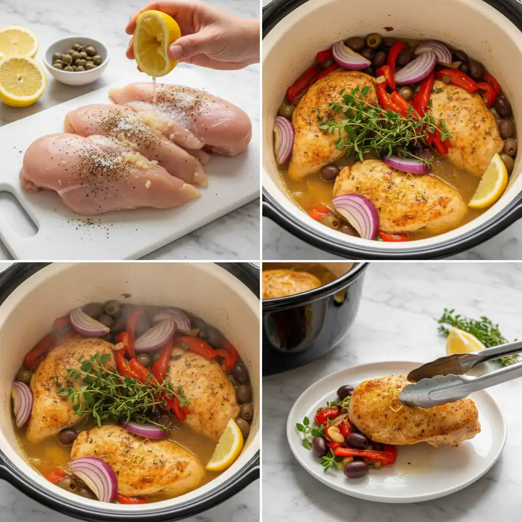 mediterranean-crockpot-lemon-herb-chicken-prep Chicken being prepared in a crockpot with lemon slices and herbs for Mediterranean cooking.