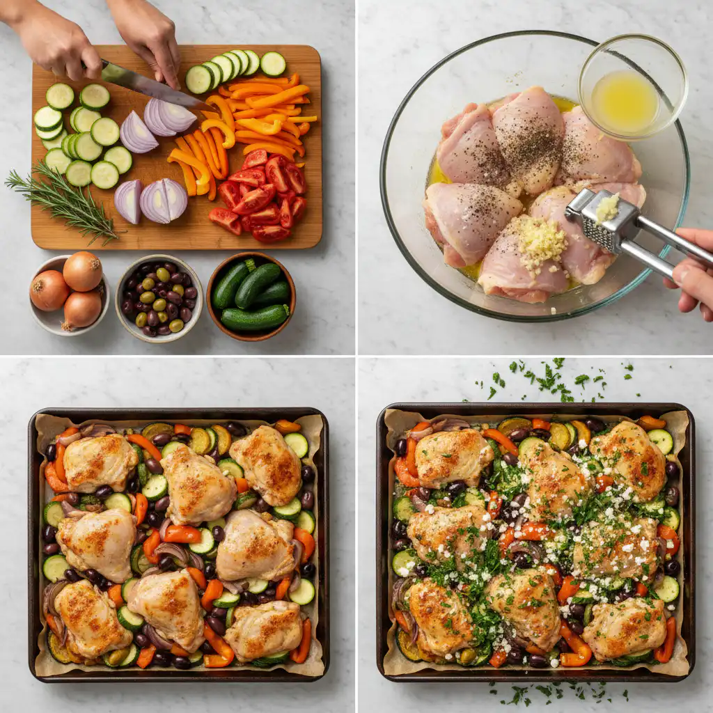 Mediterranean fall sheet pan chicken being prepared with seasoned chicken and vegetables.