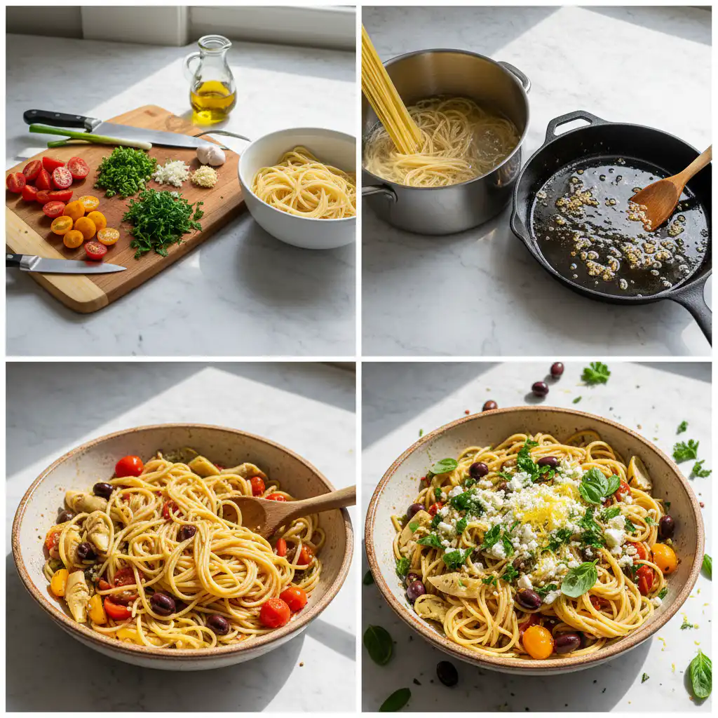 Hands tossing cooked pasta with fresh Mediterranean vegetables and olive oil in a large mixing bowl.