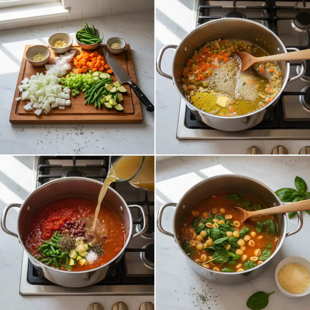 Hands chopping fresh vegetables and stirring a simmering pot during minestrone soup preparation.