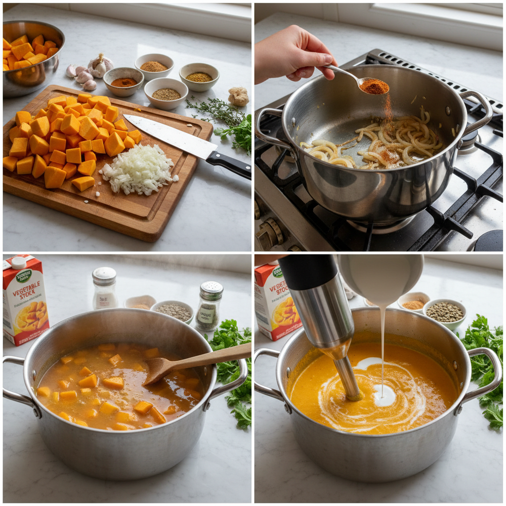Hands dicing sweet potatoes and pumpkin on a cutting board, preparing them for a creamy pumpkin and sweet potato soup.