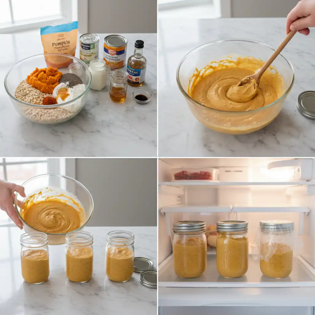 Preparing pumpkin overnight oats for Halloween with mixing and layering steps.