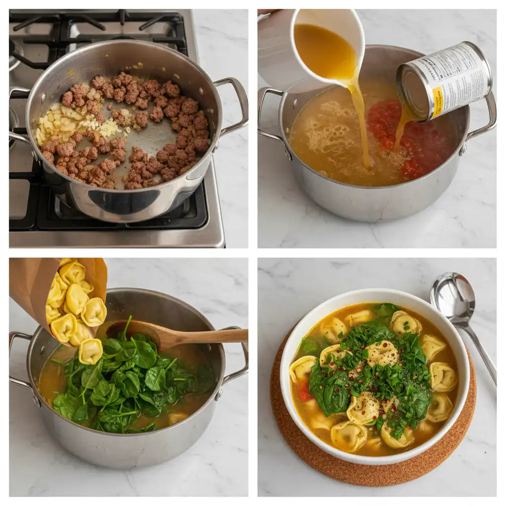 Hands stirring a flavorful quick tortellini soup with sausage and spinach in a large pot on the stove.
