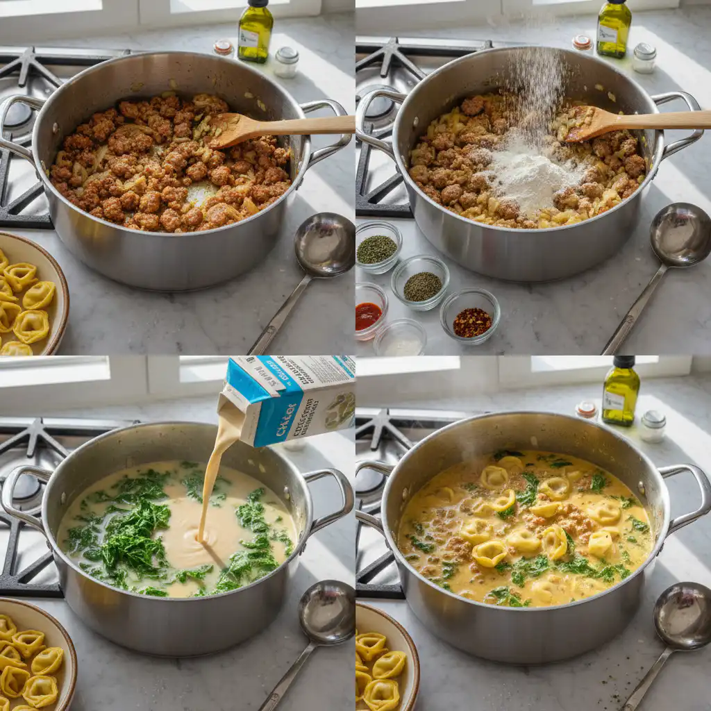 A chef prepares quick tortellini soup with sausage and spinach, browning savory Italian sausage in a pot before adding fresh ingredients.