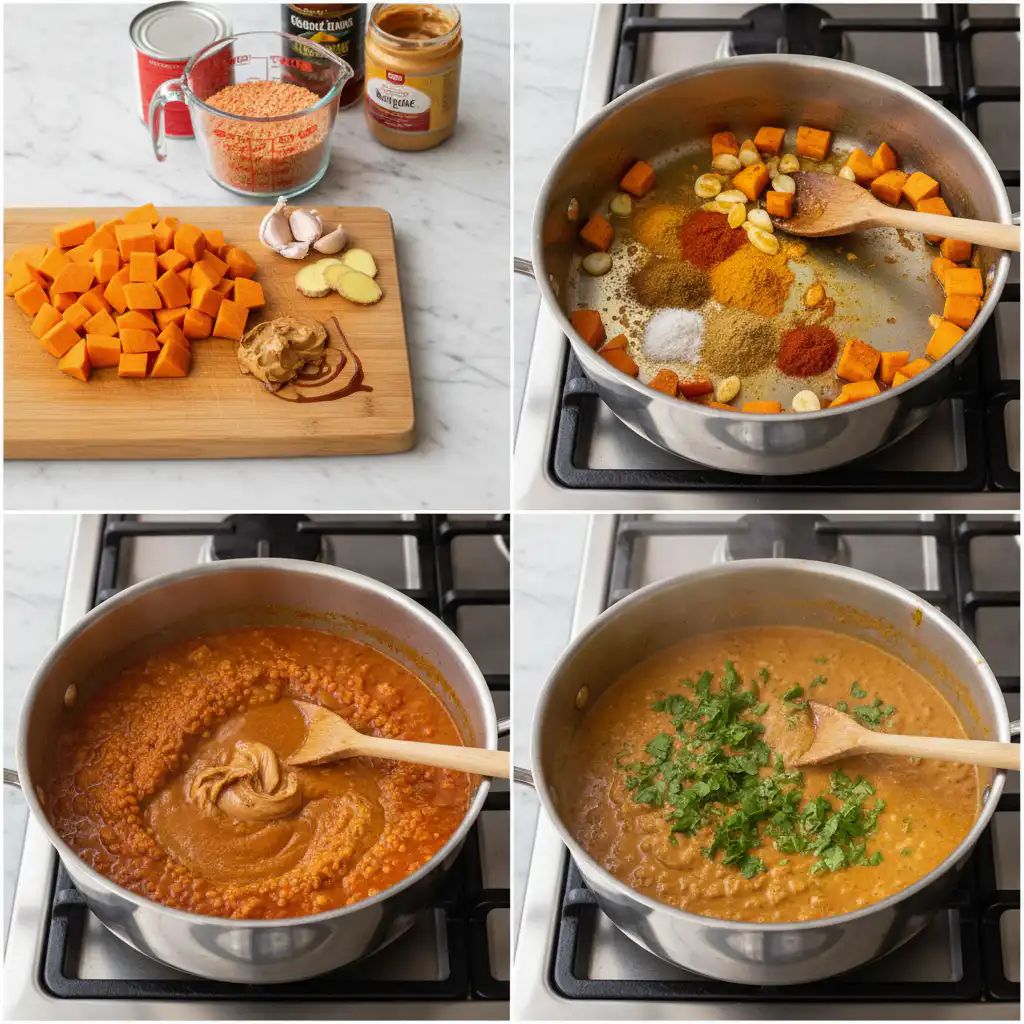 A close-up of a simmering pot of red lentil sweet potato curry being stirred on a stovetop.