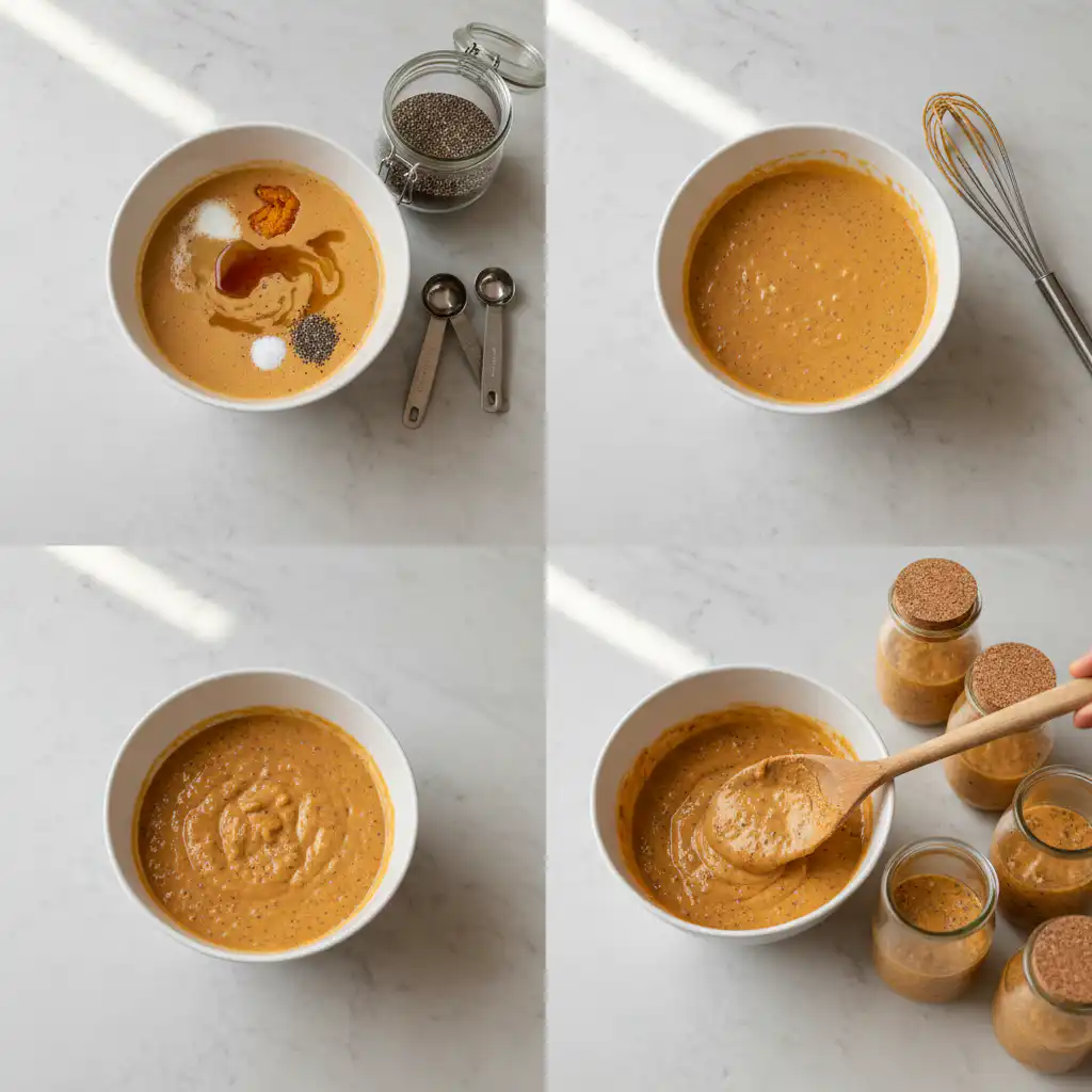 Mixing sugar free pumpkin chia pudding in a glass jar with a spoon.