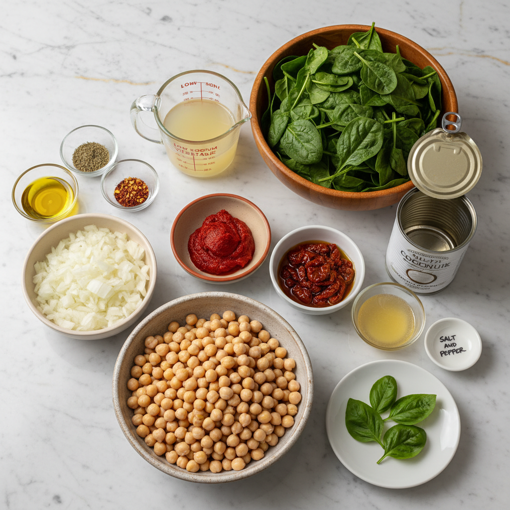 tuscan-chickpea-soup-creamy-ingredients A vibrant assortment of fresh vegetables, canned chickpeas, and creamy broth ingredients for a delicious tuscan chickpea soup creamy.