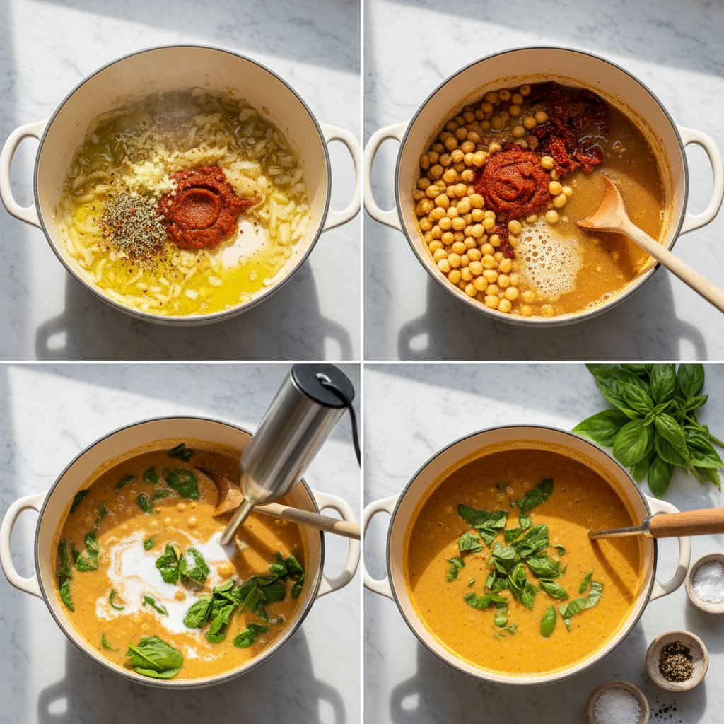 tuscan-chickpea-soup-creamy-prep Hands stirring rich broth and softened vegetables in a pot during the preparation of a tuscan chickpea soup creamy.
