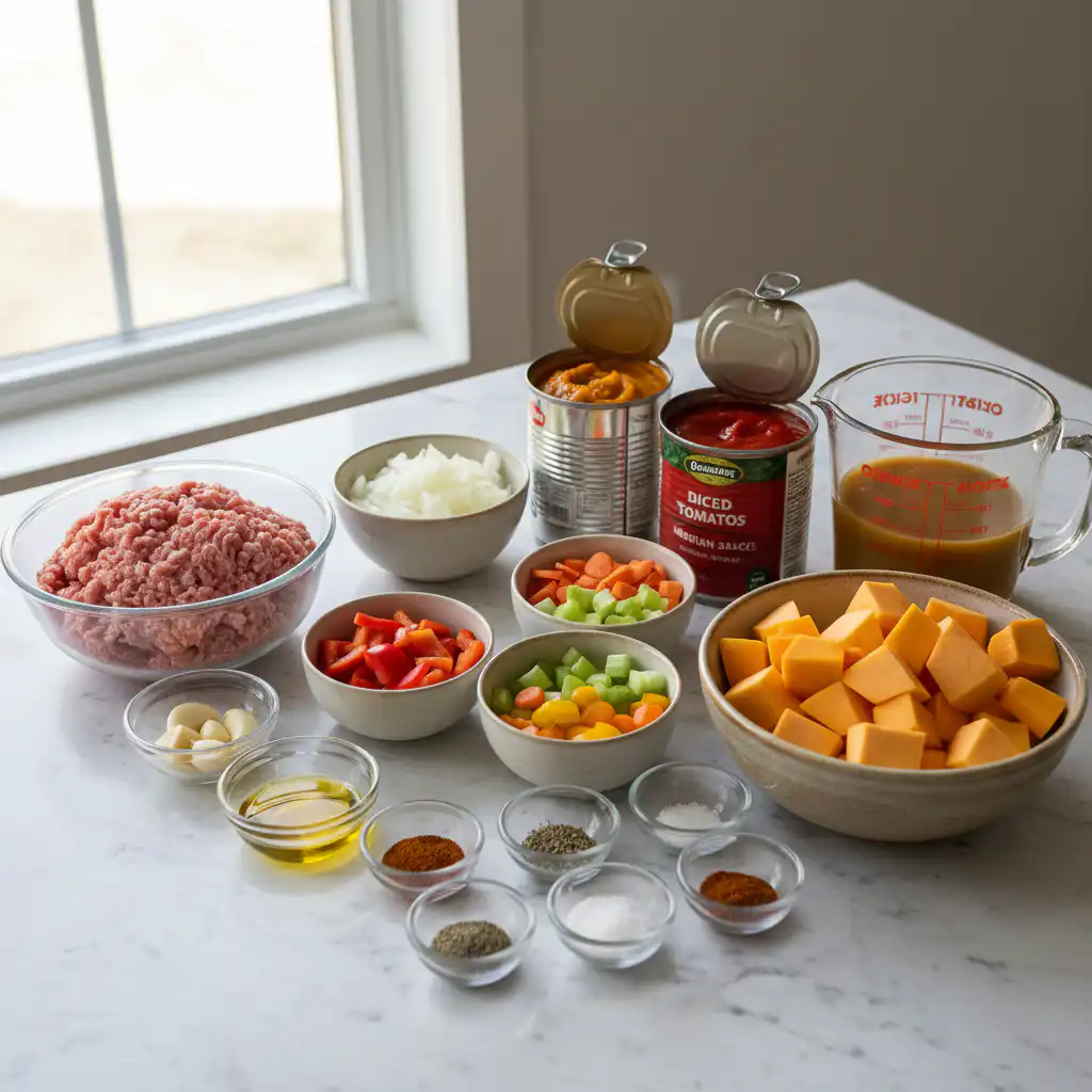 whole30-pumpkin-turkey-chili-ingredients Whole30 pumpkin turkey chili ingredients on a wooden countertop with fresh herbs.