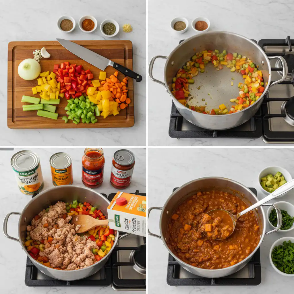 whole30-pumpkin-turkey-chili-prep Cooking Whole30 pumpkin turkey chili in a large pot on the stovetop.