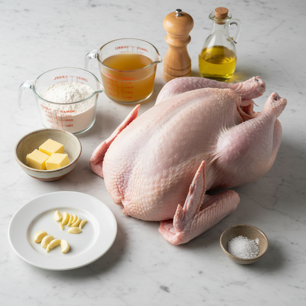 Gathered fresh ingredients for an easy air fryer whole turkey thanksgiving meal.
