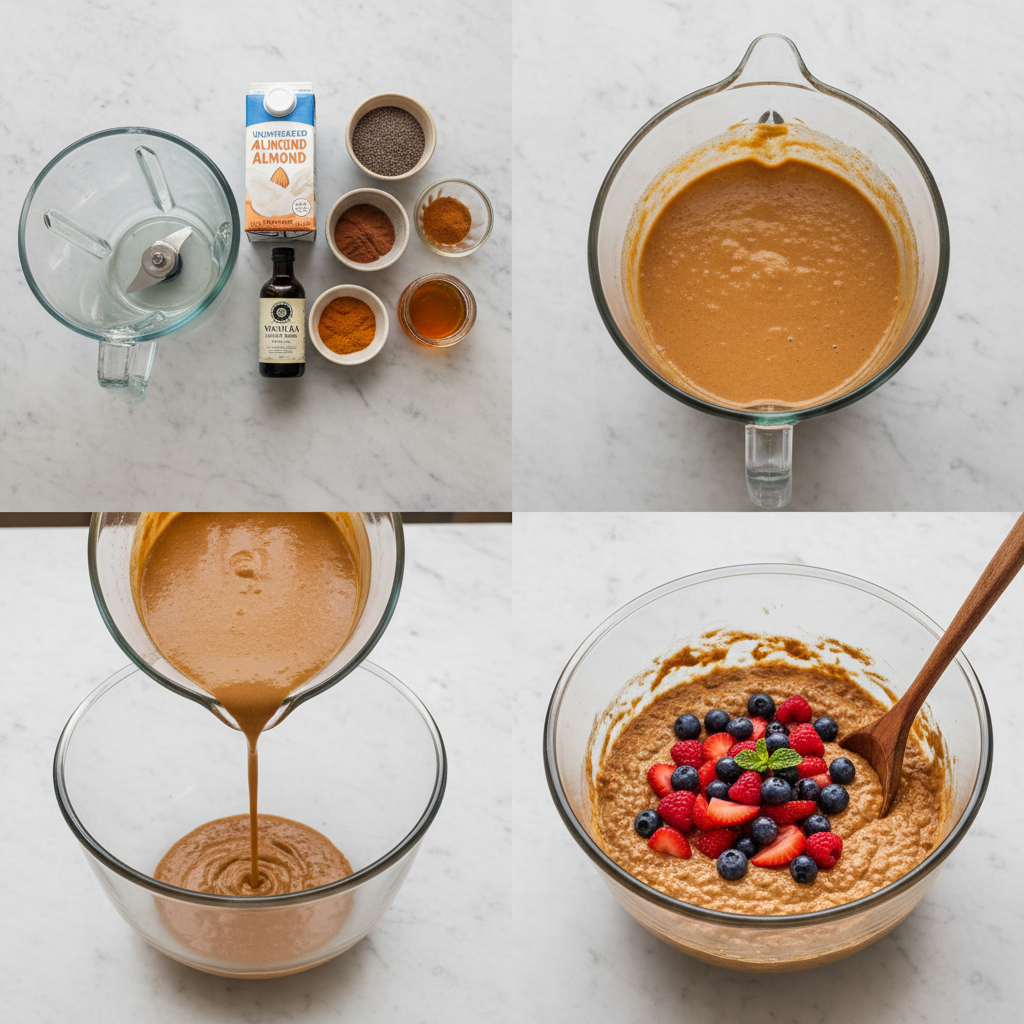 Hand mixing anti-inflammatory chia seed pudding with berries for a healthy breakfast.