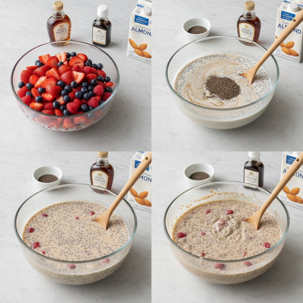 Hands gently stirring creamy anti-inflammatory chia seed pudding mixture with berries.