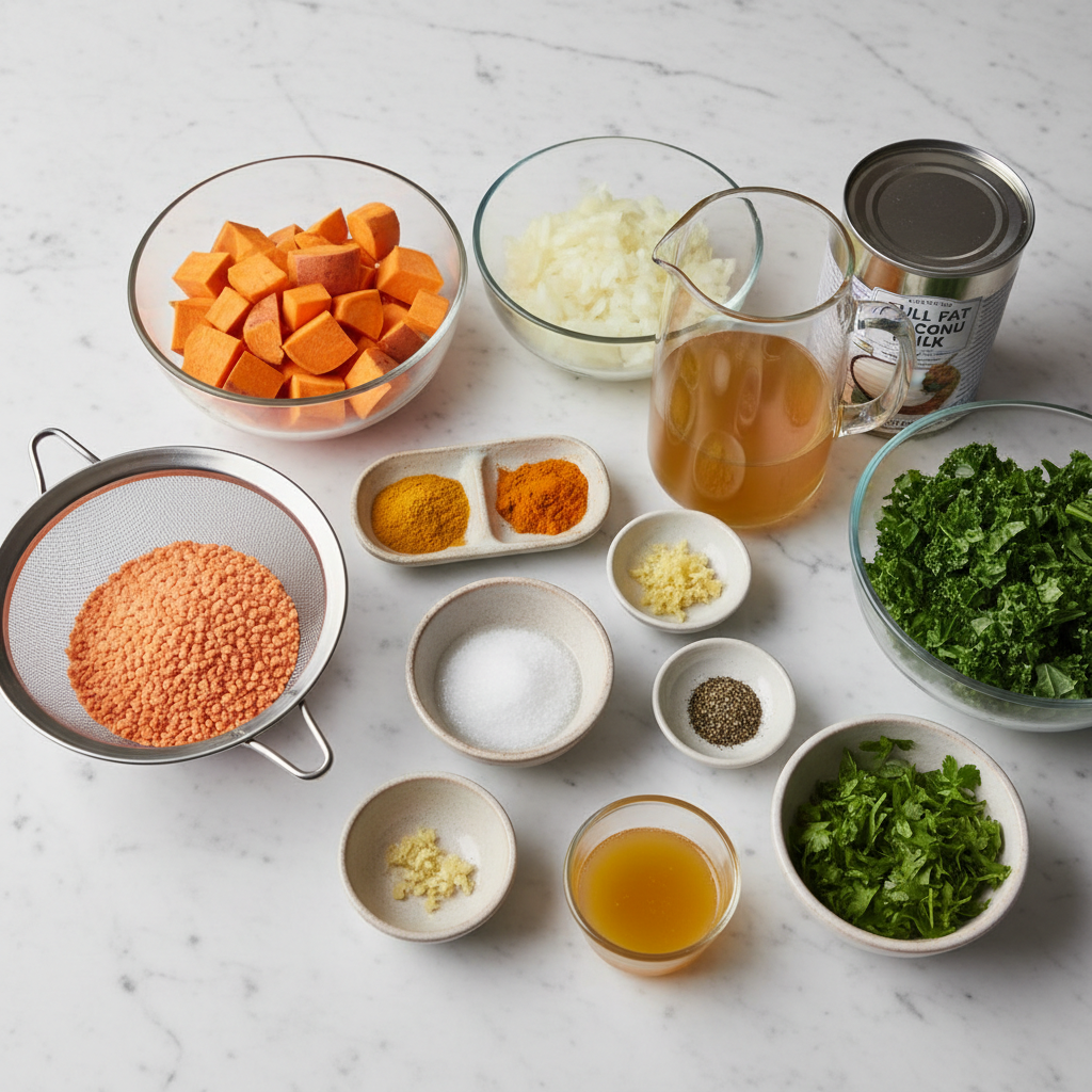 anti-inflammatory-golden-turmeric-lentil-soup-ingredients Vibrant spices and fresh vegetables for anti-inflammatory golden turmeric lentil soup.