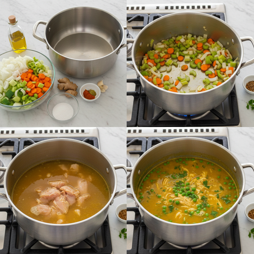 Simmering pot of anti-inflammatory turmeric chicken soup, rich with golden color.