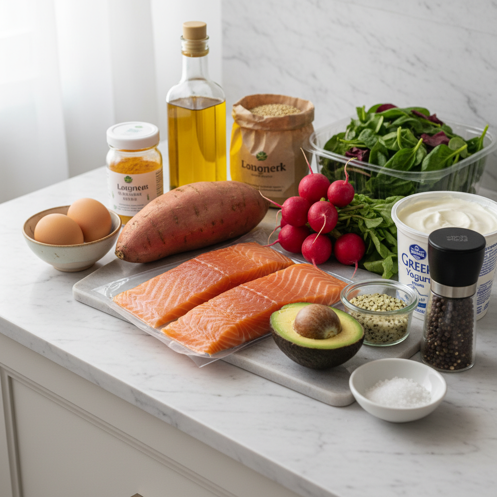 anti-inflammatory-turmeric-salmon-bowl-ingredients Fresh ingredients for an anti-inflammatory turmeric salmon bowl, including salmon, turmeric, and vibrant vegetables.