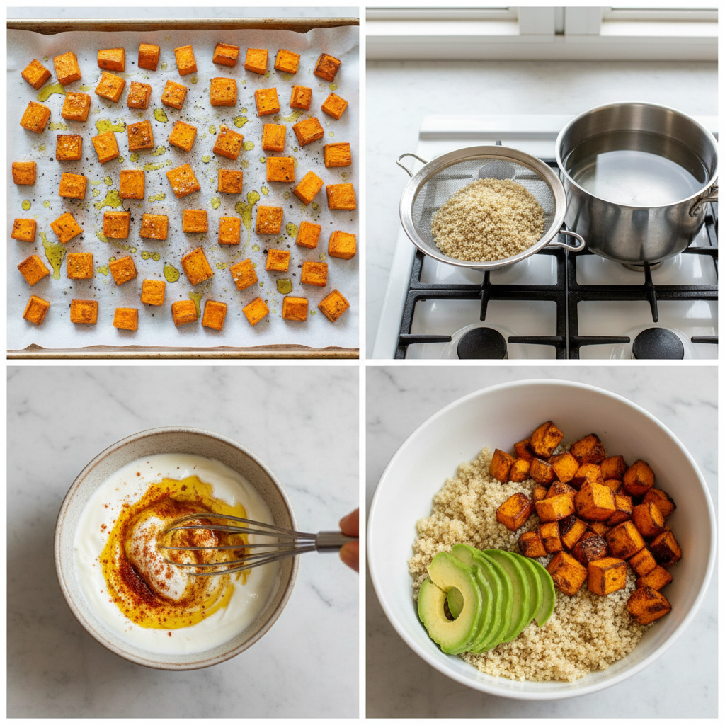 anti-inflammatory-turmeric-salmon-bowl-prep Preparing an anti-inflammatory turmeric salmon bowl with seasoned salmon and colorful vegetables.