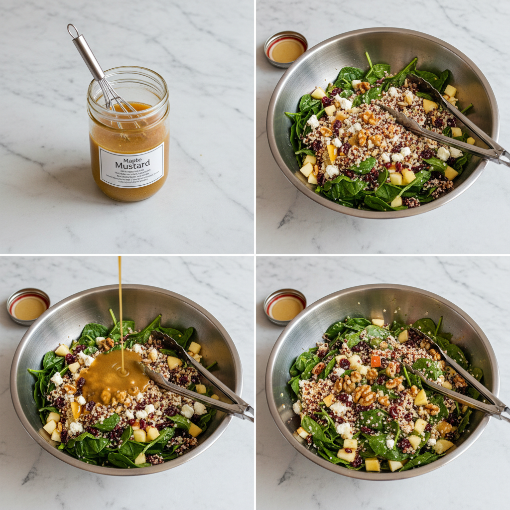 Chopped apples and walnuts being tossed with quinoa for autumn salad prep.