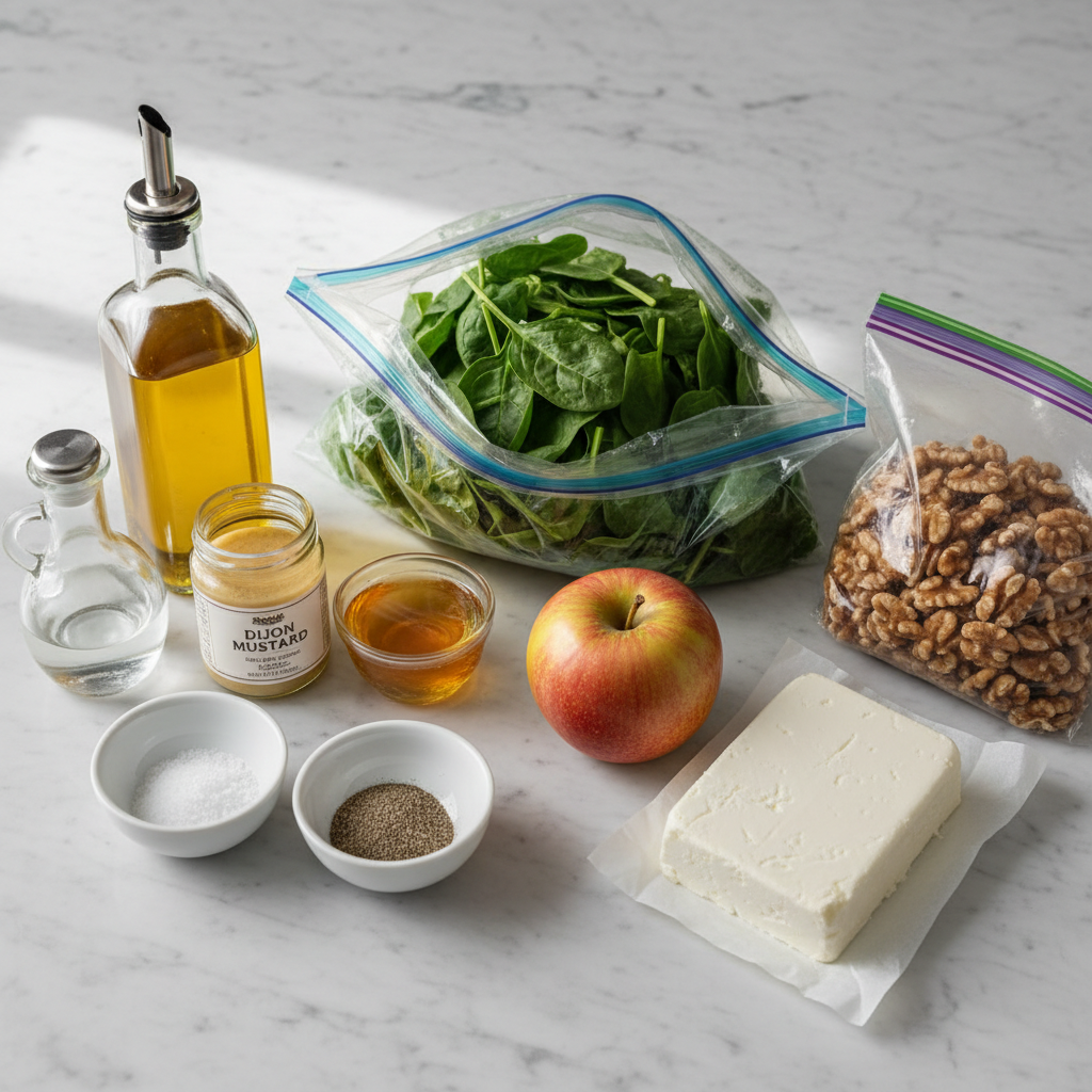 autumn-apple-walnut-spinach-salad-ingredients Fresh autumn apple walnut spinach salad ingredients including crisp apples, crunchy walnuts, and vibrant spinach.