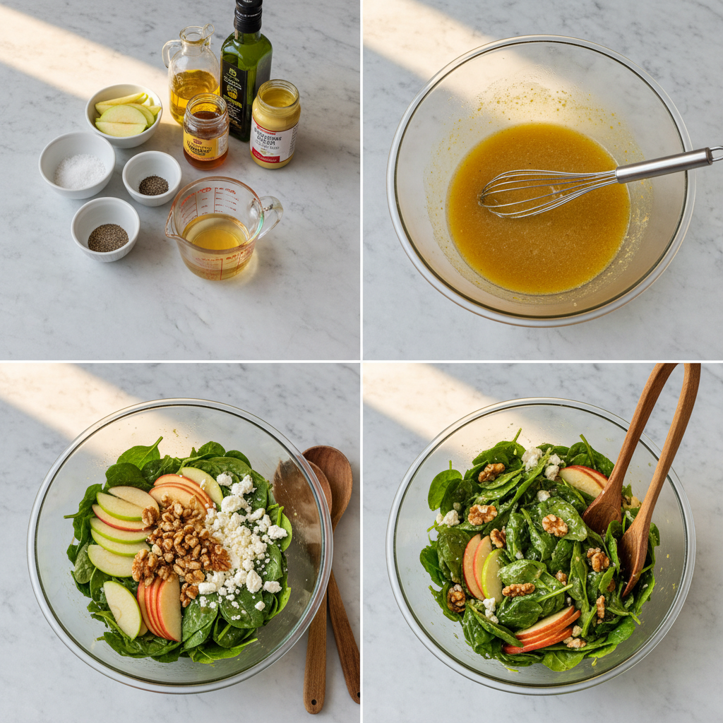 autumn-apple-walnut-spinach-salad-prep Preparing an autumn apple walnut spinach salad by tossing fresh ingredients together.