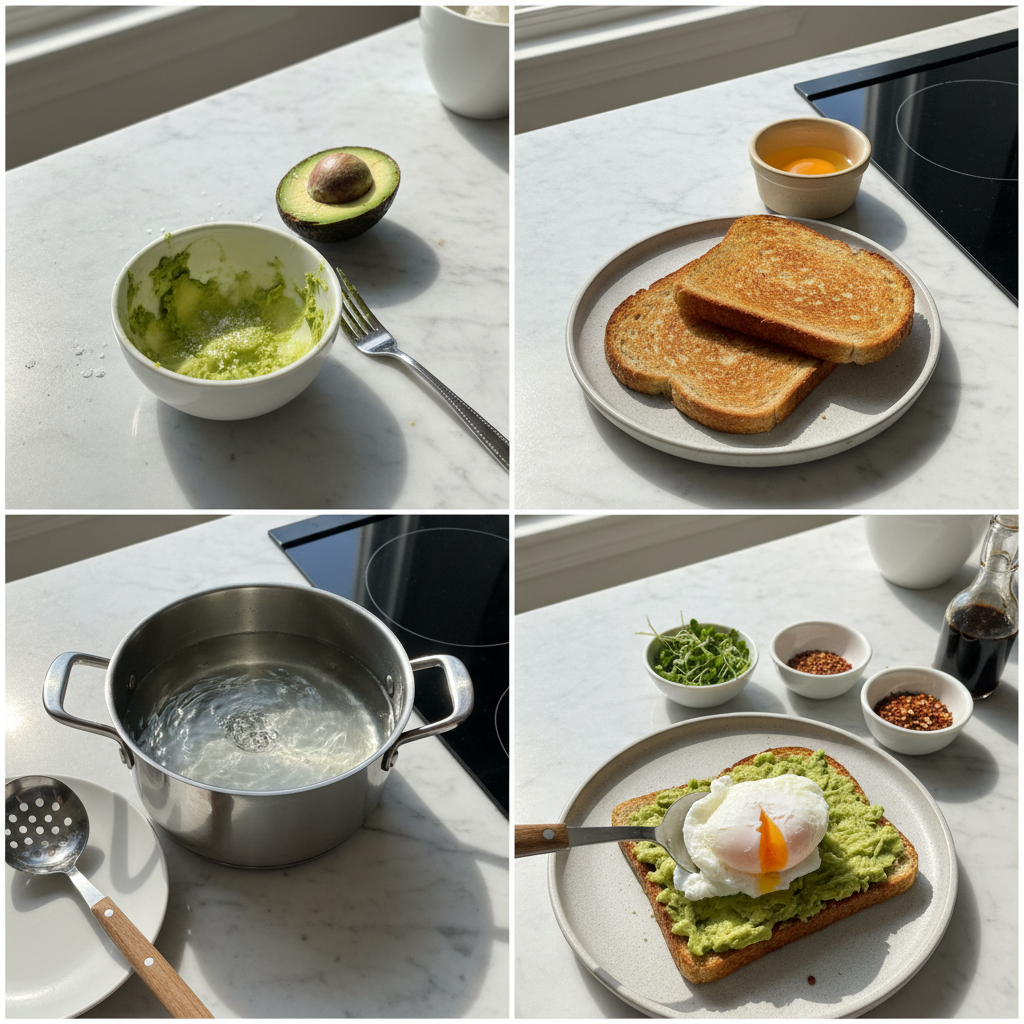 Preparing avocado toast with poached egg and microgreens, showing sliced avocado and a perfectly poached egg.