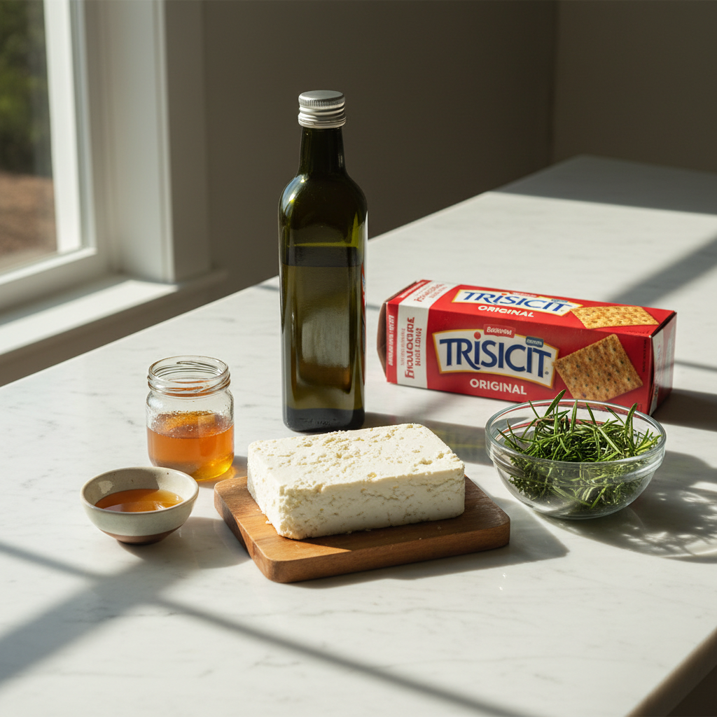 A vibrant array of fresh ingredients for baked feta with honey and fresh rosemary.