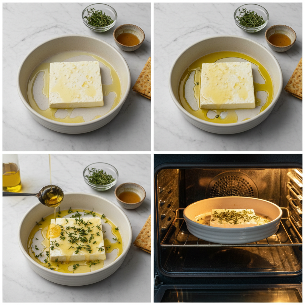 Close-up of hands preparing baked feta with honey and fresh rosemary.
